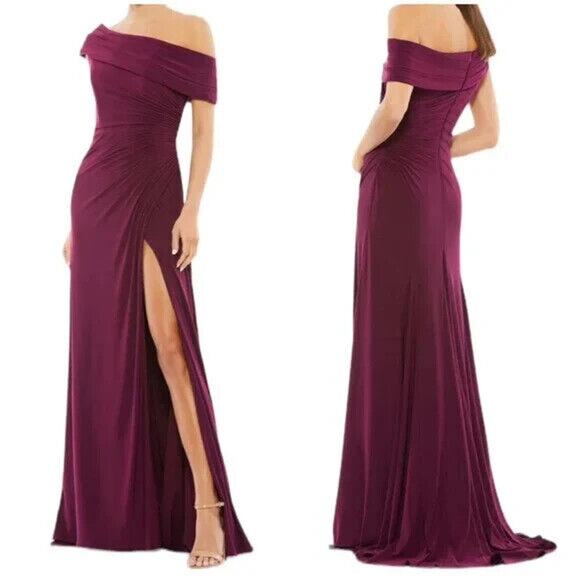 NWT Mac Duggal Eggplant Foldover Off The Shoulder Slit Gown Size 8 Style 26517 - Picture 1 of 8